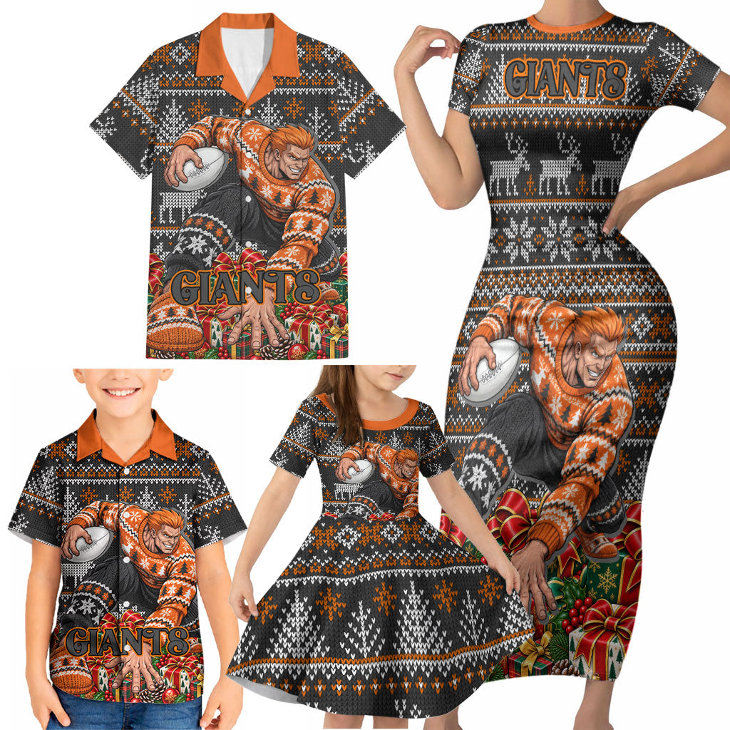 Personalized Giants Football Christmas Family Matching Short Sleeve Bodycon Dress and Hawaiian Shirt Australian Football Mascot - Ugly Xmas Pattern Festive