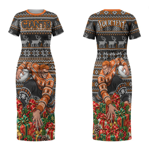 Personalized Giants Football Christmas Family Matching Short Sleeve Bodycon Dress and Hawaiian Shirt Australian Football Mascot - Ugly Xmas Pattern Festive
