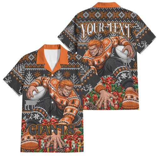Personalized Giants Football Christmas Family Matching Short Sleeve Bodycon Dress and Hawaiian Shirt Australian Football Mascot - Ugly Xmas Pattern Festive