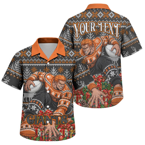 Personalized Giants Football Christmas Family Matching Short Sleeve Bodycon Dress and Hawaiian Shirt Australian Football Mascot - Ugly Xmas Pattern Festive