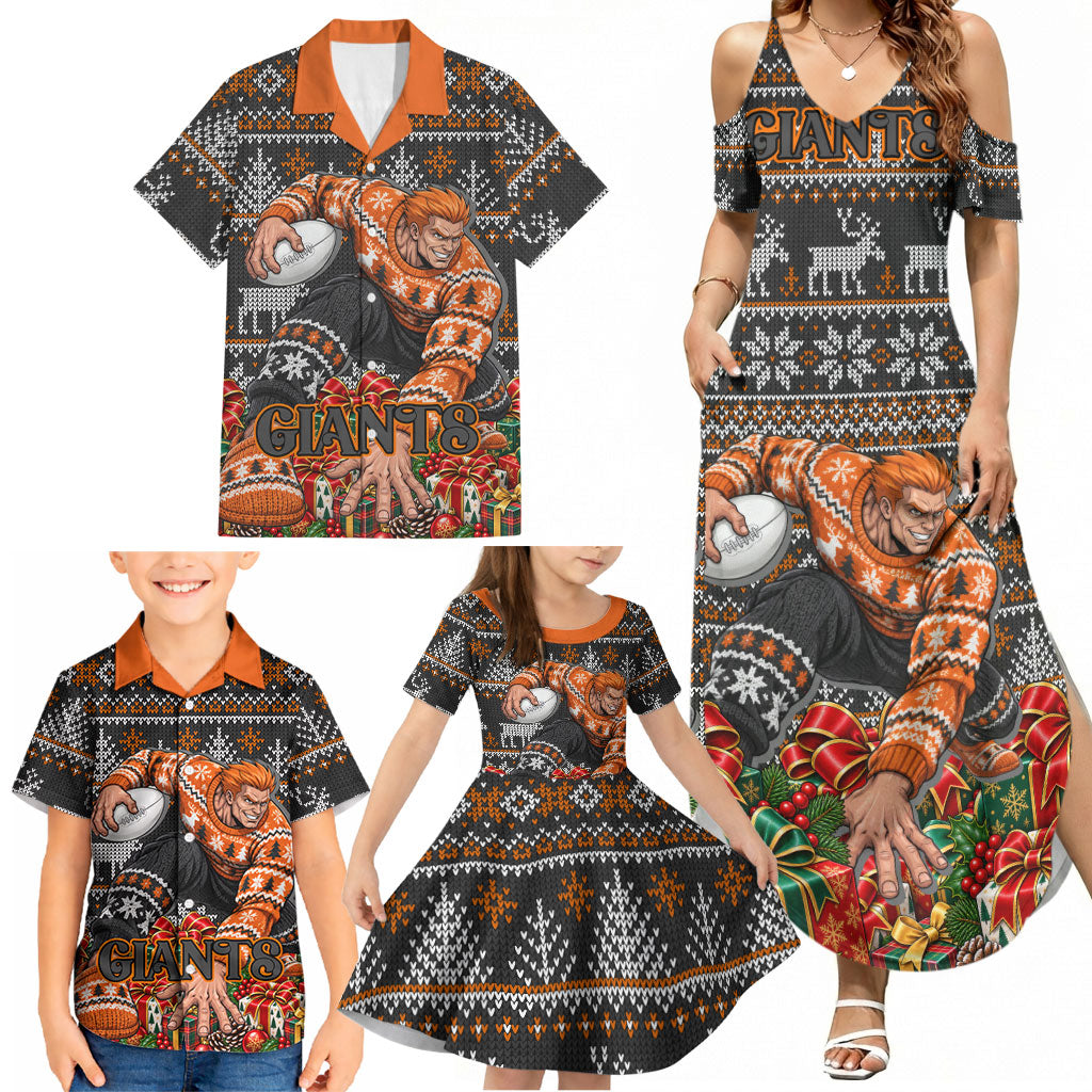 Personalized Giants Football Christmas Family Matching Summer Maxi Dress and Hawaiian Shirt Australian Football Mascot - Ugly Xmas Pattern Festive