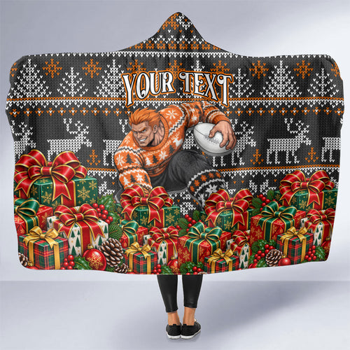 Personalized Giants Football Christmas Hooded Blanket Australian Football Mascot - Ugly Xmas Pattern Festive