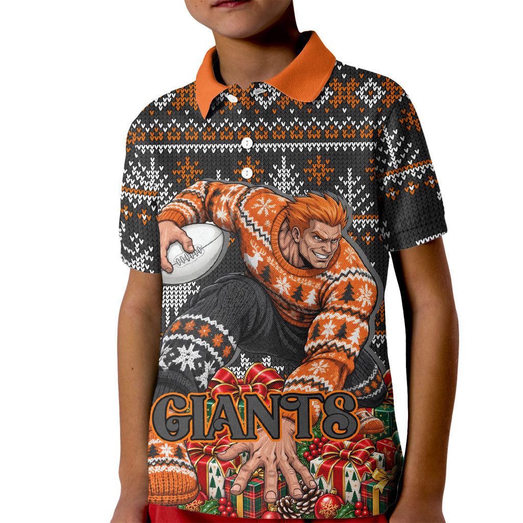 Personalized Giants Football Christmas Kid Polo Shirt Australian Football Mascot - Ugly Xmas Pattern Festive