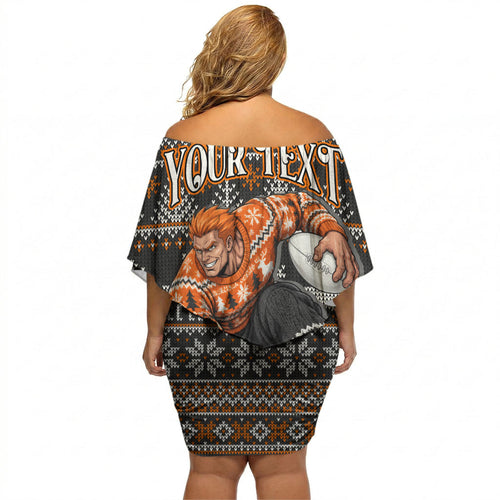 Personalized Giants Football Christmas Off Shoulder Short Dress Australian Football Mascot - Ugly Xmas Pattern Festive