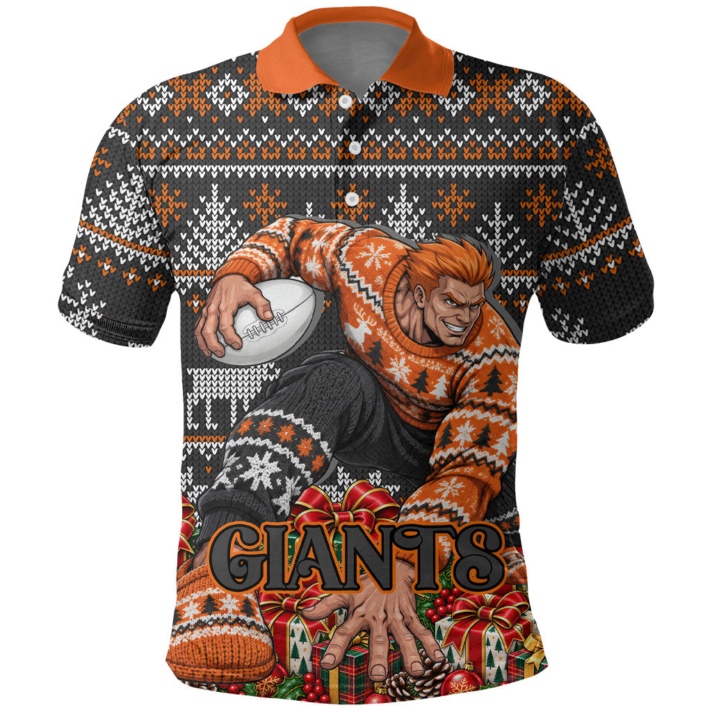 Personalized Giants Football Christmas Polo Shirt Australian Football Mascot - Ugly Xmas Pattern Festive