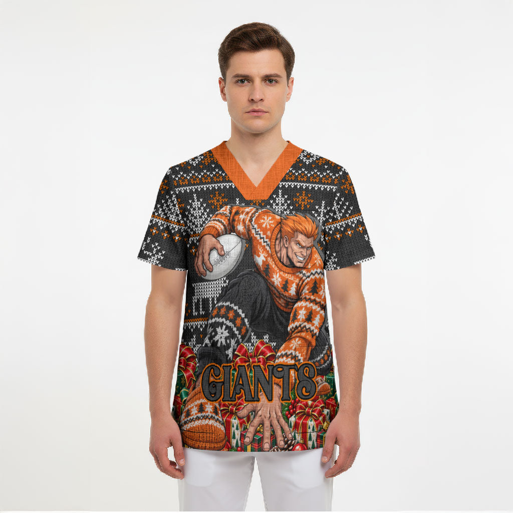 Personalized Giants Football Christmas Scrub Top Australian Football Mascot - Ugly Xmas Pattern Festive
