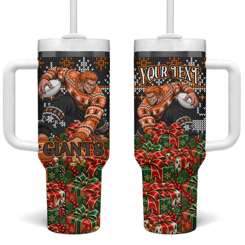 Personalized Giants Football Christmas Tumbler With Handle Australian Football Mascot - Ugly Xmas Pattern Festive
