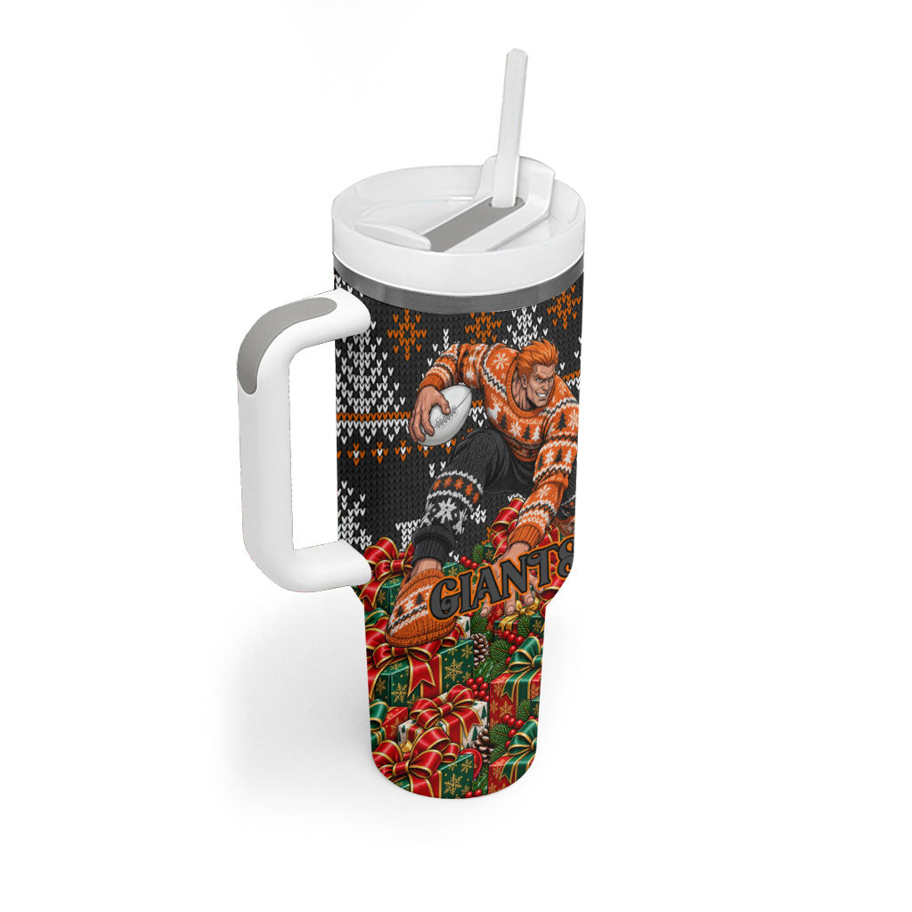 Personalized Giants Football Christmas Tumbler With Handle Australian Football Mascot - Ugly Xmas Pattern Festive