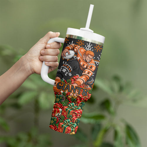 Personalized Giants Football Christmas Tumbler With Handle Australian Football Mascot - Ugly Xmas Pattern Festive