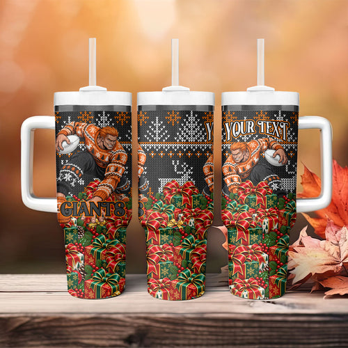 Personalized Giants Football Christmas Tumbler With Handle Australian Football Mascot - Ugly Xmas Pattern Festive