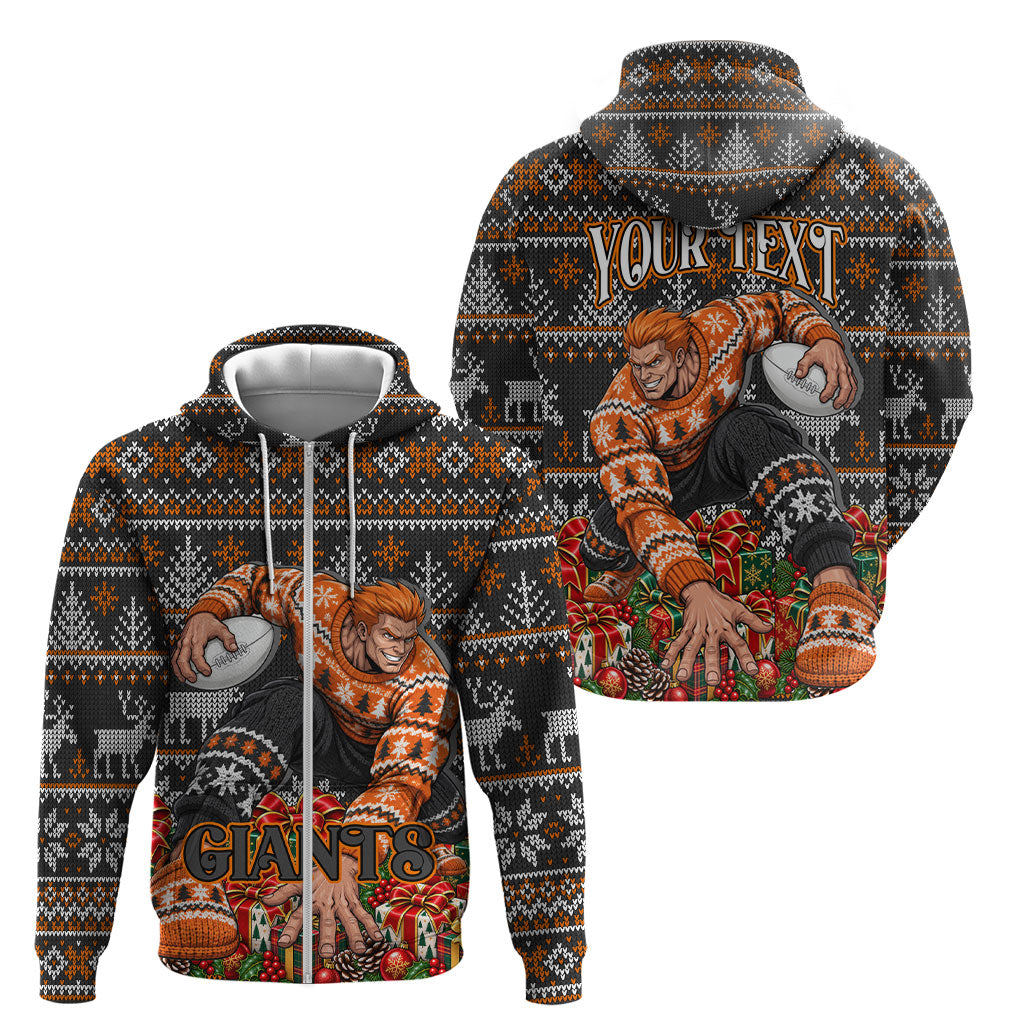 Personalized Giants Football Christmas Zip Hoodie Australian Football Mascot - Ugly Xmas Pattern Festive