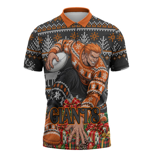 Personalized Giants Football Christmas Zipper Polo Shirt Australian Football Mascot - Ugly Xmas Pattern Festive