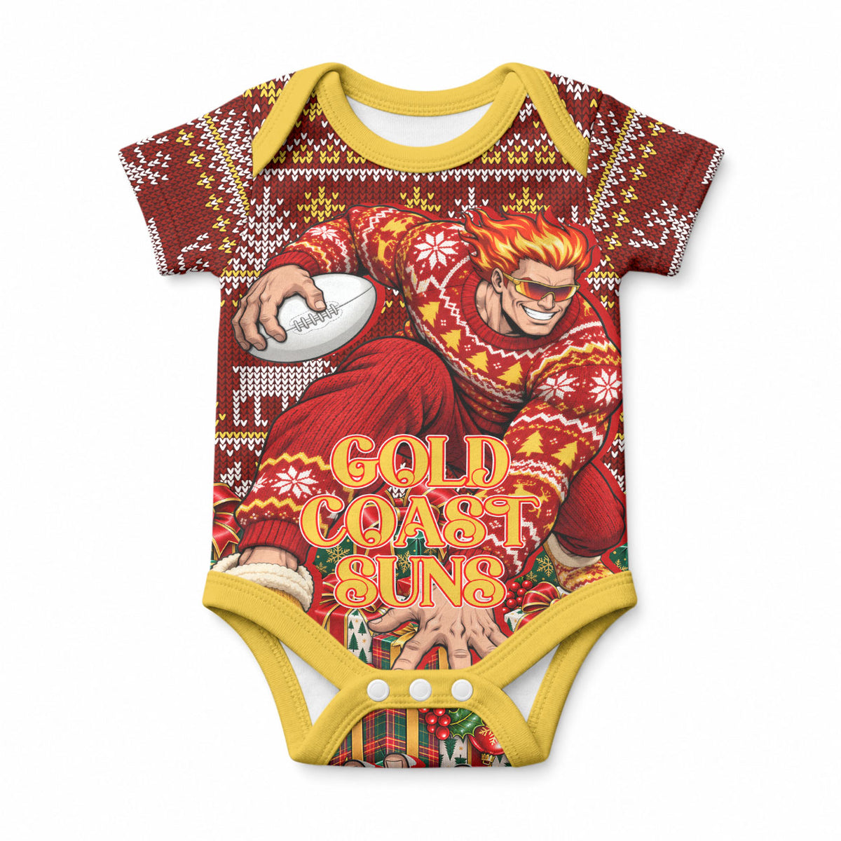 Personalized Gold Coast Suns Football Christmas Baby Onesie Australian Football Mascot - Ugly Xmas Pattern Festive