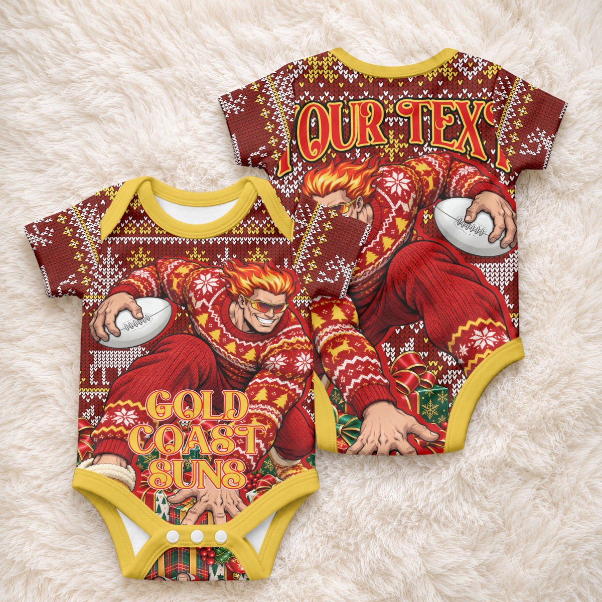 Personalized Gold Coast Suns Football Christmas Baby Onesie Australian Football Mascot - Ugly Xmas Pattern Festive