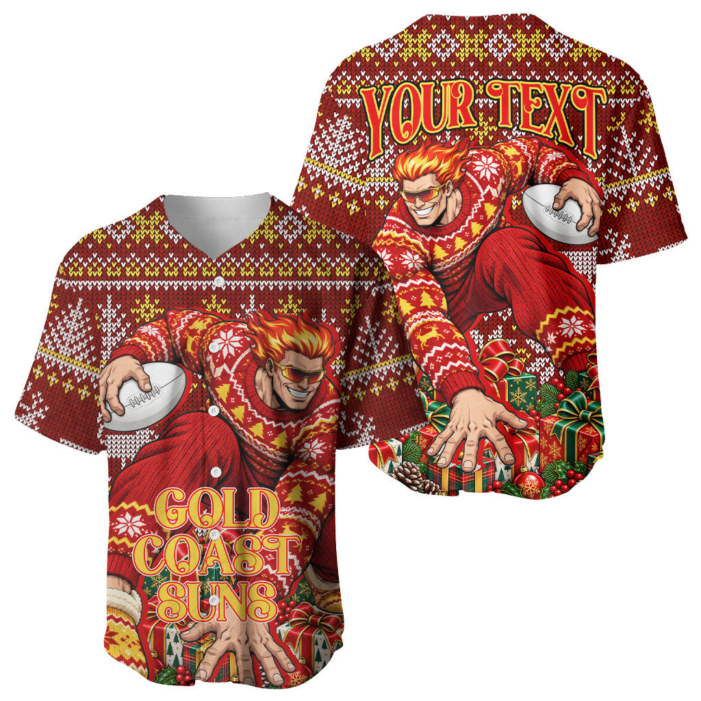 Personalized Gold Coast Suns Football Christmas Baseball Jersey Australian Football Mascot - Ugly Xmas Pattern Festive