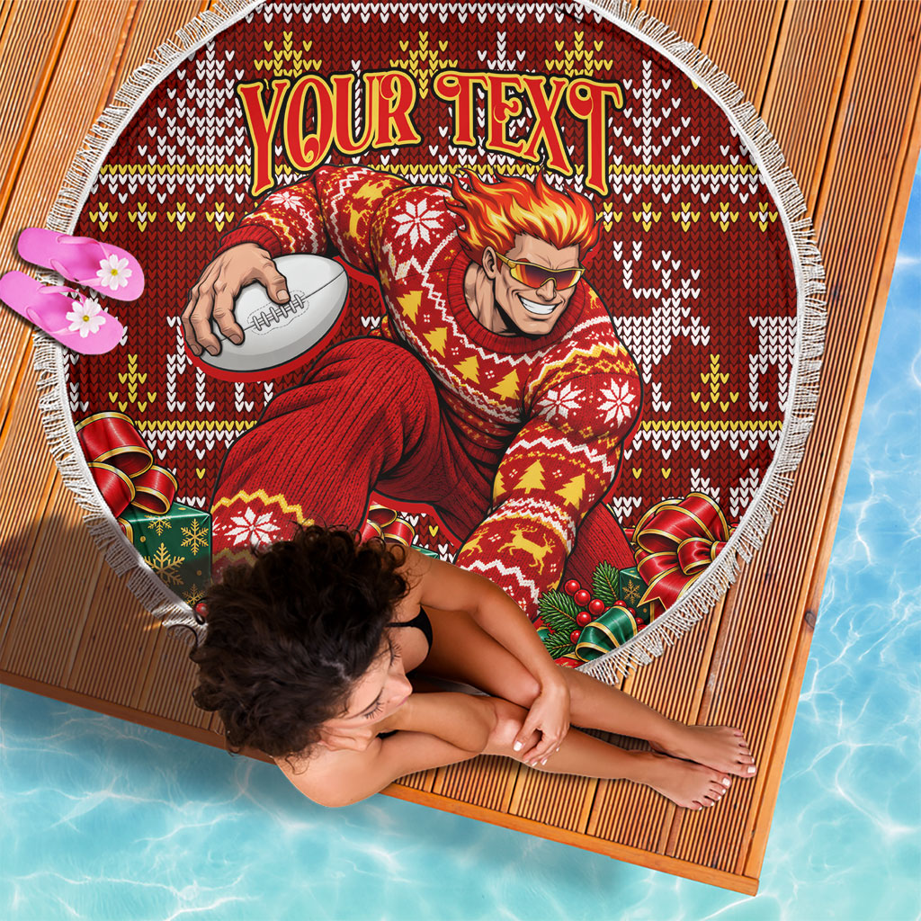 Personalized Gold Coast Suns Football Christmas Beach Blanket Australian Football Mascot - Ugly Xmas Pattern Festive