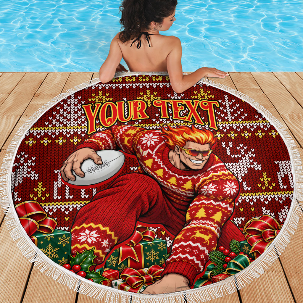 Personalized Gold Coast Suns Football Christmas Beach Blanket Australian Football Mascot - Ugly Xmas Pattern Festive