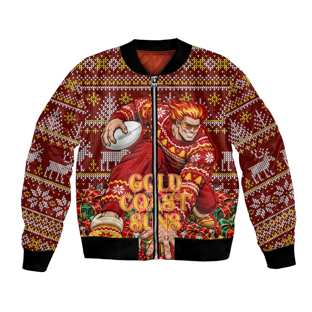 Personalized Gold Coast Suns Football Christmas Bomber Jacket Australian Football Mascot - Ugly Xmas Pattern Festive