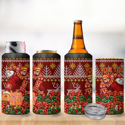 Personalized Gold Coast Suns Football Christmas 4 in 1 Can Cooler Tumbler Australian Football Mascot - Ugly Xmas Pattern Festive