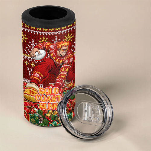 Personalized Gold Coast Suns Football Christmas 4 in 1 Can Cooler Tumbler Australian Football Mascot - Ugly Xmas Pattern Festive