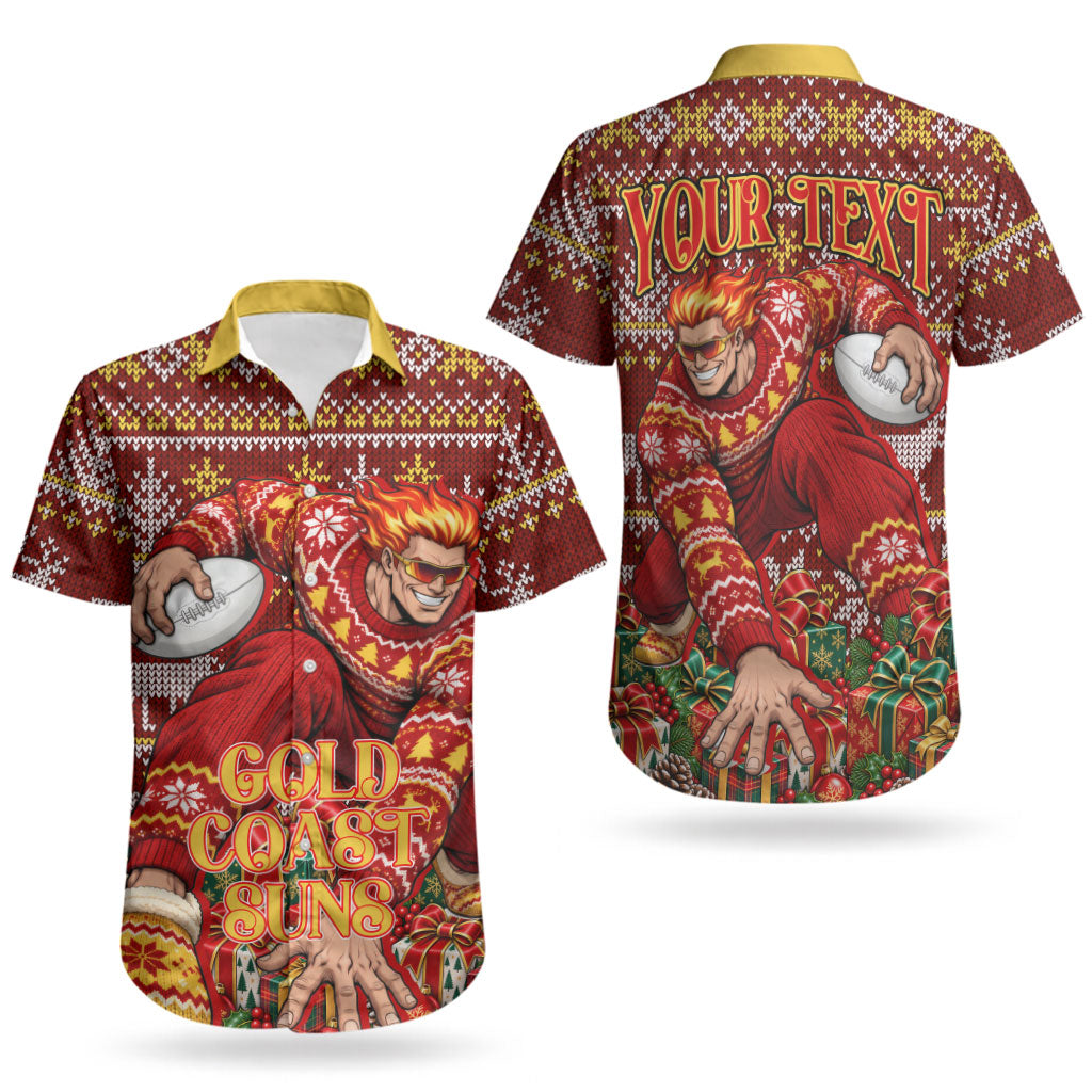 Personalized Gold Coast Suns Football Christmas Couples Matching Mermaid Dress and Hawaiian Shirt Australian Football Mascot - Ugly Xmas Pattern Festive