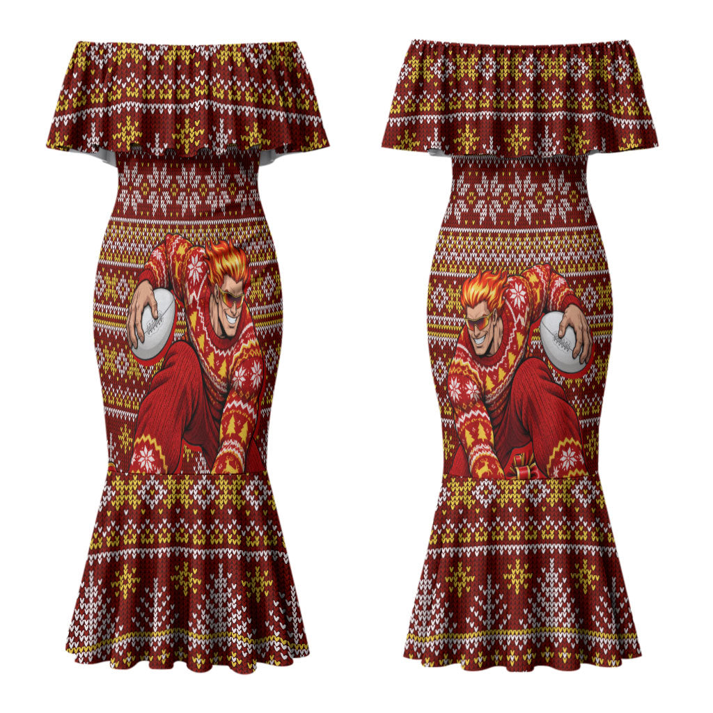 Personalized Gold Coast Suns Football Christmas Couples Matching Mermaid Dress and Hawaiian Shirt Australian Football Mascot - Ugly Xmas Pattern Festive