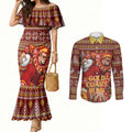 Personalized Gold Coast Suns Football Christmas Couples Matching Mermaid Dress and Long Sleeve Button Shirt Australian Football Mascot - Ugly Xmas Pattern Festive