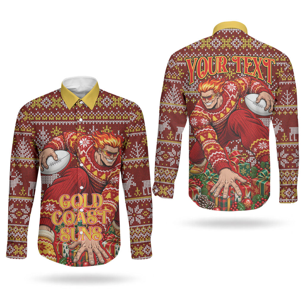 Personalized Gold Coast Suns Football Christmas Couples Matching Mermaid Dress and Long Sleeve Button Shirt Australian Football Mascot - Ugly Xmas Pattern Festive