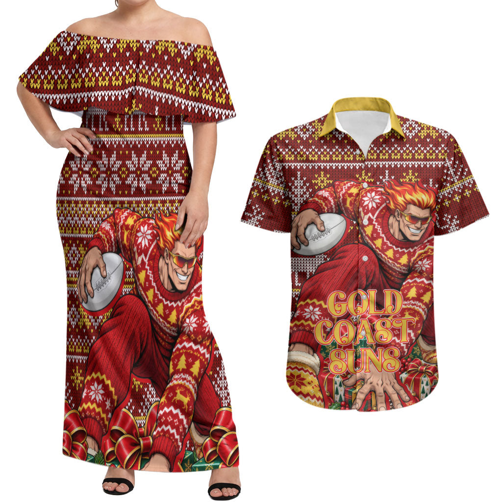 Personalized Gold Coast Suns Football Christmas Couples Matching Off Shoulder Maxi Dress and Hawaiian Shirt Australian Football Mascot - Ugly Xmas Pattern Festive