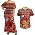 Personalized Gold Coast Suns Football Christmas Couples Matching Off Shoulder Maxi Dress and Hawaiian Shirt Australian Football Mascot - Ugly Xmas Pattern Festive