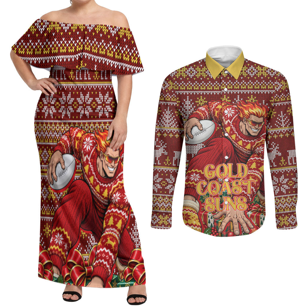 Personalized Gold Coast Suns Football Christmas Couples Matching Off Shoulder Maxi Dress and Long Sleeve Button Shirt Australian Football Mascot - Ugly Xmas Pattern Festive