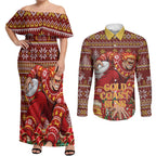 Personalized Gold Coast Suns Football Christmas Couples Matching Off Shoulder Maxi Dress and Long Sleeve Button Shirt Australian Football Mascot - Ugly Xmas Pattern Festive