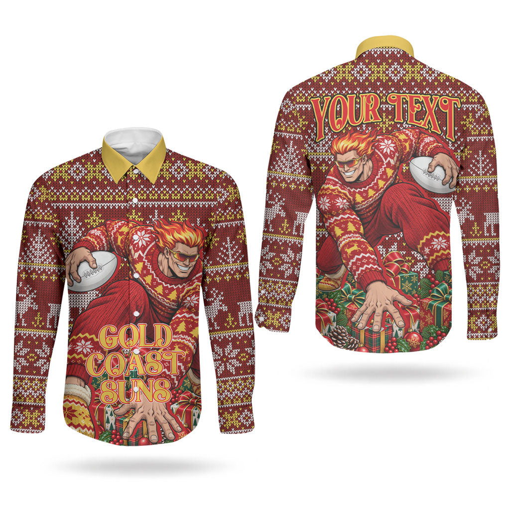 Personalized Gold Coast Suns Football Christmas Couples Matching Off Shoulder Maxi Dress and Long Sleeve Button Shirt Australian Football Mascot - Ugly Xmas Pattern Festive