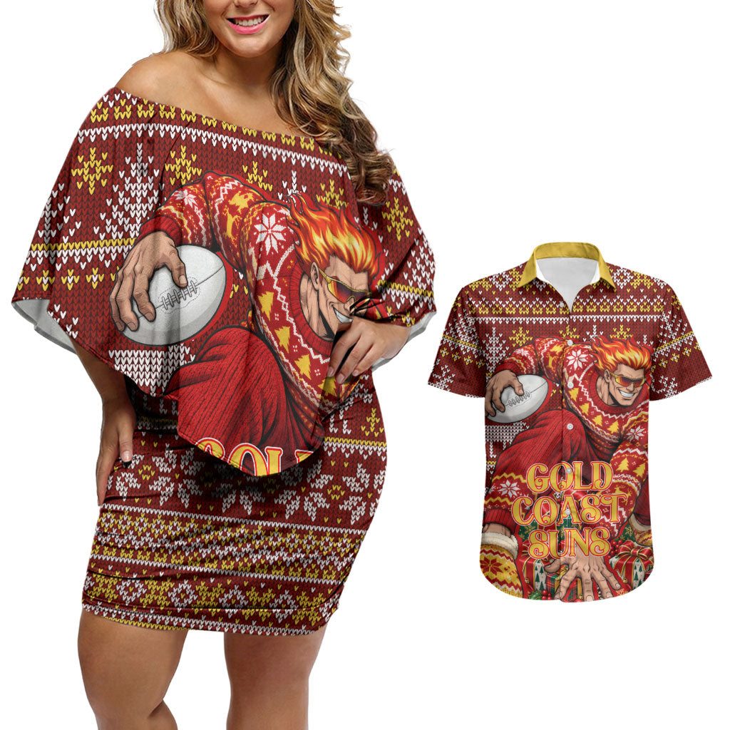Personalized Gold Coast Suns Football Christmas Couples Matching Off Shoulder Short Dress and Hawaiian Shirt Australian Football Mascot - Ugly Xmas Pattern Festive