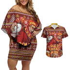 Personalized Gold Coast Suns Football Christmas Couples Matching Off Shoulder Short Dress and Hawaiian Shirt Australian Football Mascot - Ugly Xmas Pattern Festive