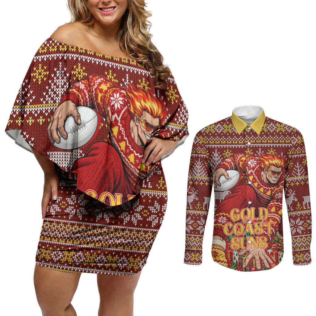 Personalized Gold Coast Suns Football Christmas Couples Matching Off Shoulder Short Dress and Long Sleeve Button Shirt Australian Football Mascot - Ugly Xmas Pattern Festive
