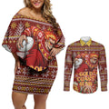 Personalized Gold Coast Suns Football Christmas Couples Matching Off Shoulder Short Dress and Long Sleeve Button Shirt Australian Football Mascot - Ugly Xmas Pattern Festive