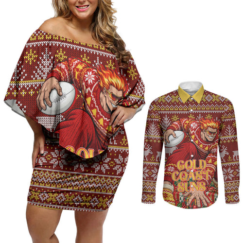 Personalized Gold Coast Suns Football Christmas Couples Matching Off Shoulder Short Dress and Long Sleeve Button Shirt Australian Football Mascot - Ugly Xmas Pattern Festive