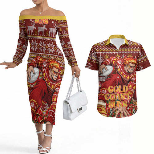 Personalized Gold Coast Suns Football Christmas Couples Matching Off The Shoulder Long Sleeve Dress and Hawaiian Shirt Australian Football Mascot - Ugly Xmas Pattern Festive