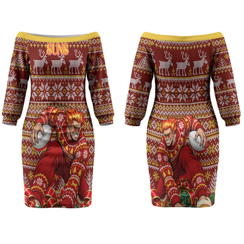 Personalized Gold Coast Suns Football Christmas Couples Matching Off The Shoulder Long Sleeve Dress and Hawaiian Shirt Australian Football Mascot - Ugly Xmas Pattern Festive