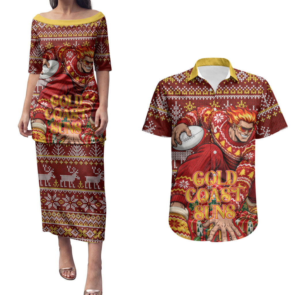 Personalized Gold Coast Suns Football Christmas Couples Matching Puletasi and Hawaiian Shirt Australian Football Mascot - Ugly Xmas Pattern Festive