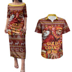 Personalized Gold Coast Suns Football Christmas Couples Matching Puletasi and Hawaiian Shirt Australian Football Mascot - Ugly Xmas Pattern Festive