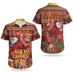 Personalized Gold Coast Suns Football Christmas Couples Matching Puletasi and Hawaiian Shirt Australian Football Mascot - Ugly Xmas Pattern Festive