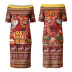 Personalized Gold Coast Suns Football Christmas Couples Matching Puletasi and Hawaiian Shirt Australian Football Mascot - Ugly Xmas Pattern Festive