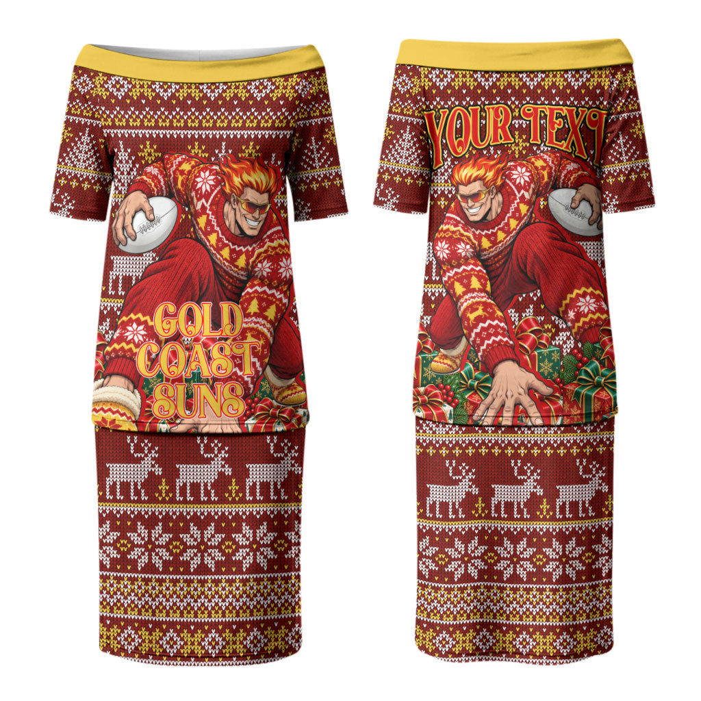 Personalized Gold Coast Suns Football Christmas Couples Matching Puletasi and Hawaiian Shirt Australian Football Mascot - Ugly Xmas Pattern Festive