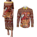 Personalized Gold Coast Suns Football Christmas Couples Matching Puletasi and Long Sleeve Button Shirt Australian Football Mascot - Ugly Xmas Pattern Festive