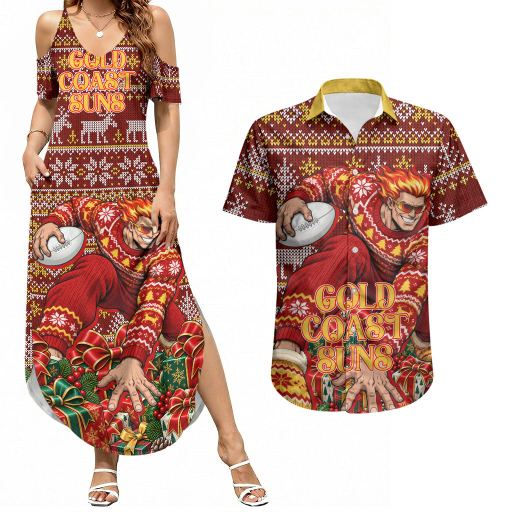 Personalized Gold Coast Suns Football Christmas Couples Matching Summer Maxi Dress and Hawaiian Shirt Australian Football Mascot - Ugly Xmas Pattern Festive