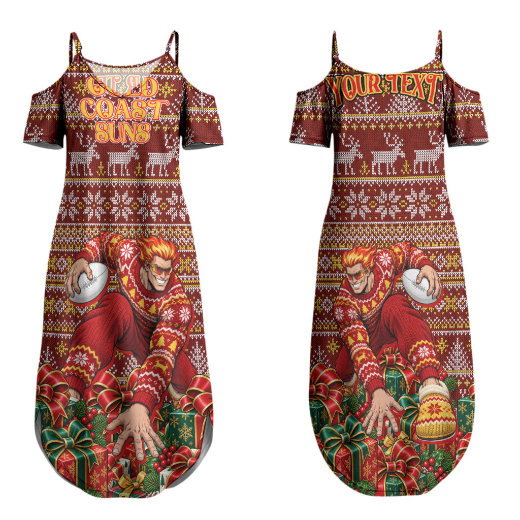 Personalized Gold Coast Suns Football Christmas Couples Matching Summer Maxi Dress and Hawaiian Shirt Australian Football Mascot - Ugly Xmas Pattern Festive