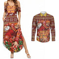 Personalized Gold Coast Suns Football Christmas Couples Matching Summer Maxi Dress and Long Sleeve Button Shirt Australian Football Mascot - Ugly Xmas Pattern Festive