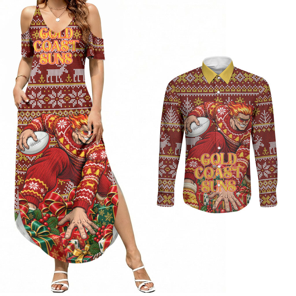 Personalized Gold Coast Suns Football Christmas Couples Matching Summer Maxi Dress and Long Sleeve Button Shirt Australian Football Mascot - Ugly Xmas Pattern Festive